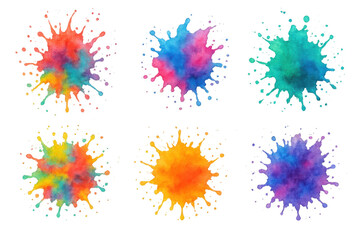 Poster - Set of six vibrant watercolor splashes, isolated on transparent background, creating a dynamic and artistic effect