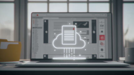 Poster - Data synchronization on laptop: A modern laptop sits on a desk, its screen illuminated with an image of a cloud uploading documents, symbolizing data storage and digital workspace.