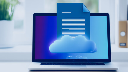 Poster - Cloud Document on Laptop: Illustration of document cloud, data storage and transfer over a laptop computer.