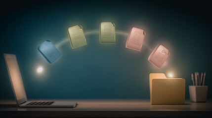 Poster - File Transfer Visualization: Digital files gracefully transition from a sleek laptop into a virtual folder, illustrating the seamless flow of information in a contemporary office environment.