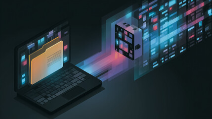 Poster - Data Flow Visualization: A digitally rendered scene captures the essence of data transfer. A laptop shows a folder and the data flows to the server, symbolizing the connection of modern technology