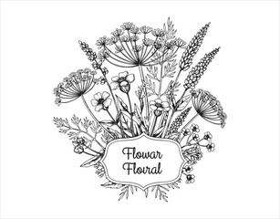 Fototapete - Dill plants, a wildflower composition, illustration of a floral card, hand-drawn vector design
