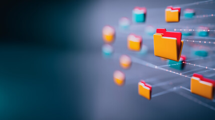 Fototapete - Digital Data Flow: Visualize the seamless movement of information and data within a digital realm. Colorful file icons navigate a network of interconnected lines, representing cloud computing.