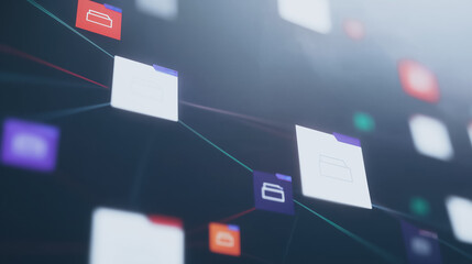 Poster - Digital Network of Folders: An artistic depiction of a digital network comprised of interconnected folders, representing the flow of information, data storage.