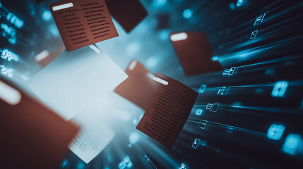 Fototapete - Digital Data Flow: Floating digital files cascade through a network of luminous data streams, capturing the essence of technology. It evokes a sense of futuristic progress and interconnectivity.