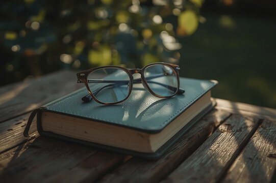 Stylish reading glasses resting on a closed book on a weathered wooden table outdoors with soft bokeh background