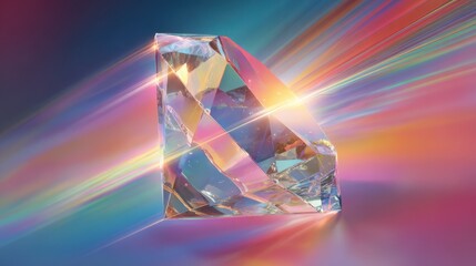 Poster - Abstract floating crystal prism radiating vibrant neon hues, with rainbow beams refracting through its transparent, diamond-like form in mid-air.