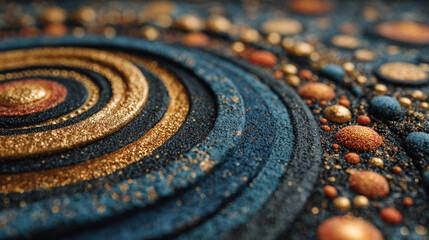 Poster - A close up shot of a textured surface with concentric circles and scattered golden and orange beads
