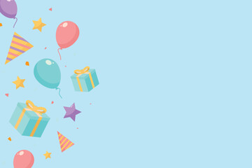 Poster - Light blue background with gifts hats stars balloons and confetti mostly on the left side