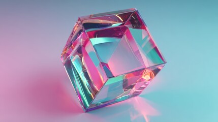 Poster - Abstract prism crystal floating in radiant neon pink and cyan light, with light wrapping around and refracting through its transparent structure.