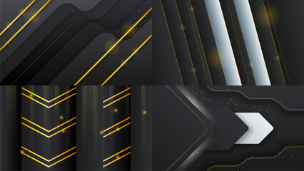 Poster - Set Abstract Collection Dark Black Gold Material Modern Background With Golden Lines Stripes Shadows Backdrop Wallpaper Decoration Vector Design Style