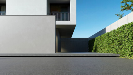 Poster - Modern house, Minimal architecture with empty wall and concrete garage driveway, 3d rendering of luxury property building
