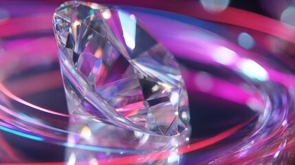 Poster - Close-up of a sparkling diamond crystal under neon lights, its edges catching prisms of color, with shimmering light beams circling the gem like an aura.