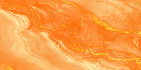 Poster - Abstract orange marble texture with gold splashes, Close-up view of a beautifully polished orange marble surface, creating a warm and luxurious visual appeal ideal design.