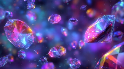 Poster - Futuristic background with floating crystal diamonds emitting multicolored neon reflections, transparent sparkles shimmering in a cosmic glow.