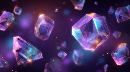 Poster - Futuristic background with floating crystal diamonds emitting multicolored neon reflections, transparent sparkles shimmering in a cosmic glow.