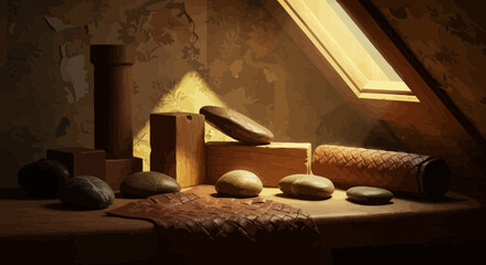 Poster - Warm Still Life with Wooden Objects and Smooth Stones in Atmospheric Lighting