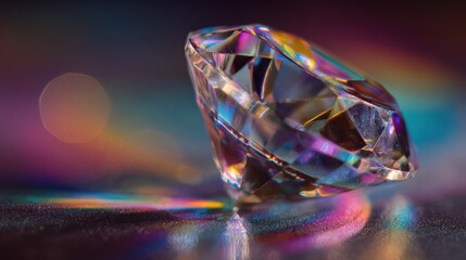 Poster - Macro view of a crystal diamond prism refracting beams of neon light, creating a halo of color and sparkling shine against a deep, glowing backdrop.