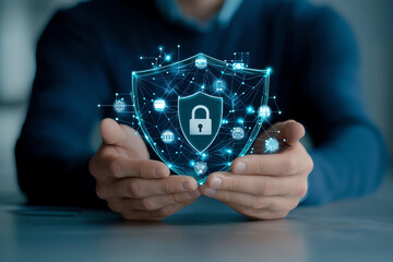 Poster - Businessman holds digital shield symbolizing cybersecurity, surrounded by various icons representing data protection and technology. image conveys sense of security and innovation in digital age