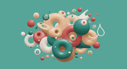 Poster - Abstract Geometric Composition with Spheres and Torus Shapes on Teal Background