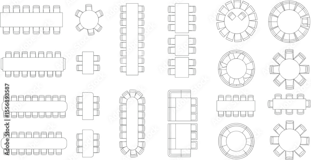Top view dining table layouts, modern furniture arrangement, vector ...