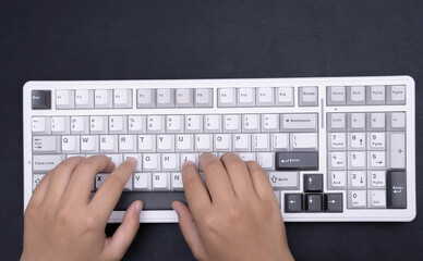 Poster - Photographic close-up of hands typing on white keyboard modern tech imagery for blogs websites office themed content digital workspace style