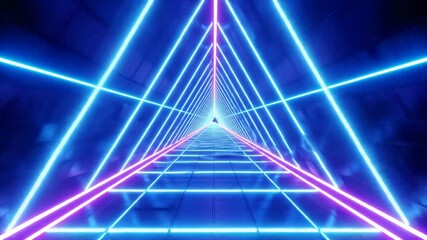 Fototapete - Abstract Neon Light Tunnel With Blue And Purple Glowing Geometric Shapes Inside Dark Space