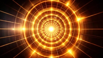 Fototapete - Glowing Orange Tunnel of Light with Geometric Patterns and Dynamic Movement on Black Background