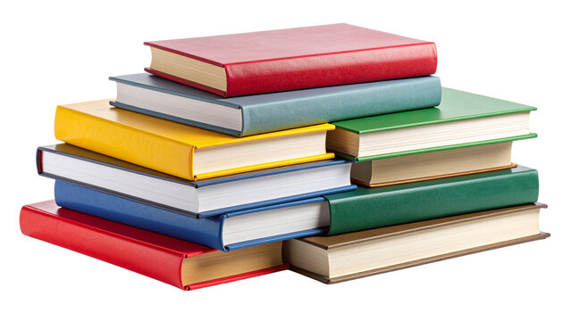 A front side on view of a pile of seven study books, textbooks, on a table isolated against a transparent background