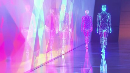 Poster - Geometric laser figures walk through a vibrant, seamless digital space, Geometric laser human figures walking Seamless metal retro futuristic