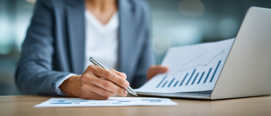 Poster - Small business professional analyzing financial chart with pen and laptop showing growth and success in office environment