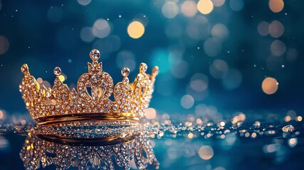 Poster - Sparkling crown elegantly placed on a reflective surface against a shimmering blue background with soft bokeh, Sparkling crown resting on reflective surface with bokeh background