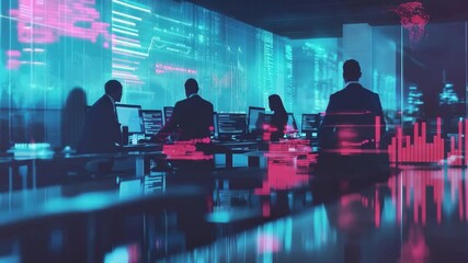 Poster - Business analysis of diverse professionals with digital data visualization in modern office environment, Business data analysis over diverse professionals collaborating in modern office