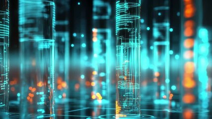 Poster - Data processing and analysis taking place over illuminated laboratory test tubes in a modern setting, data processing over laboratory test tubes