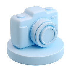 Poster - Light blue, simplified camera icon on a round pedestal, isolated on white.
