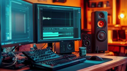 Poster - Editing room with dual monitors and audio equipment during evening hours, computer room for editing