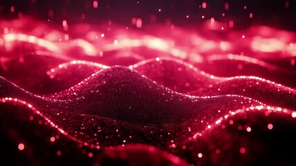 Poster - Luminous waves of movement create an abstract red background full of energy and dynamism, Abstract background with the movement of luminous particles Digital technology 3D rendering