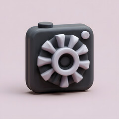 Poster - Stylized, gray camera icon with a white, floral-shaped lens on a light pink background.