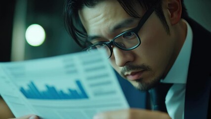 Poster - Businessman examines financial statistics during evening office hours with intense focus, businessman starts checking financial statistics close up