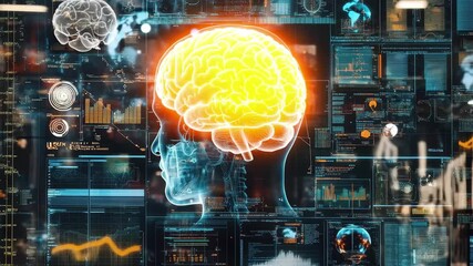 Poster - Futuristic sci-fi HUD depicting a brain x-ray with digital overlays and data analytics in a high-tech environment, Futuristic Sci-fi HUD Brain X-ray (background)