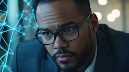 Poster - Businessman analyzing network connections in an office setting during daytime, network of connections over biracial businessman talking in office