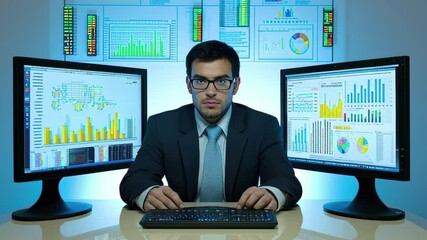 Poster - Businessman analyzes data using dual monitors in modern office environment, businessman working with new modern computer and data business charts