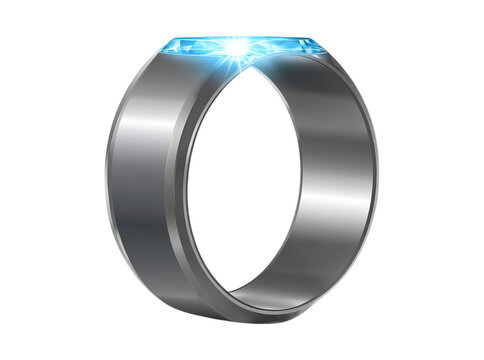 Futuristic silver ring with glowing blue gemstone, Isolated On Transparent Background, Cut Out