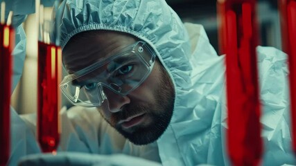 Poster - Scientist in protective suit examines red samples in laboratory setting, scientist in a protective suit is examining the red liquid in the tube