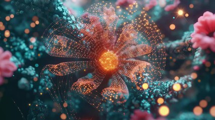 Poster - Futuristic representation of network growth with radiant floral patterns and glowing connections, 4K Futuristic Network Growth 3D