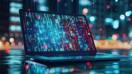 Poster - Laptop display showcasing digital data visualization with vibrant colors in a futuristic environment, laptop display that delivers the value of digital business solutions with data analysis