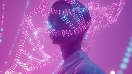 Poster - Digital data visualization over a dna strand highlights the fusion of science and technology, digital data processing over dna strand