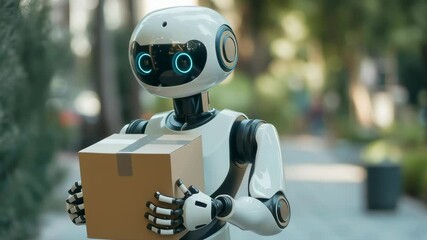 Poster - A robot is holding a box in its hands. The robot is white and black in color. The robot is standing in a park