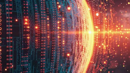 Poster - Digital data processing represented through binary code orbiting a globe in a vibrant cosmic setting, binary coding digital data processing over globe