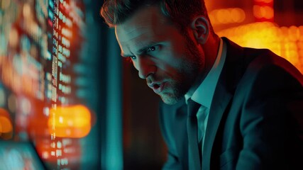 Poster - Financial data analysis by businessman in a high-tech environment with glowing screens at night, financial data processing over caucasian businessman in office